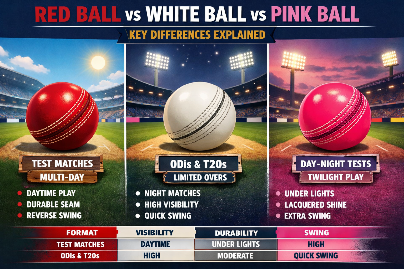 Red Ball vs White Ball vs Pink Ball: Key Differences Explained