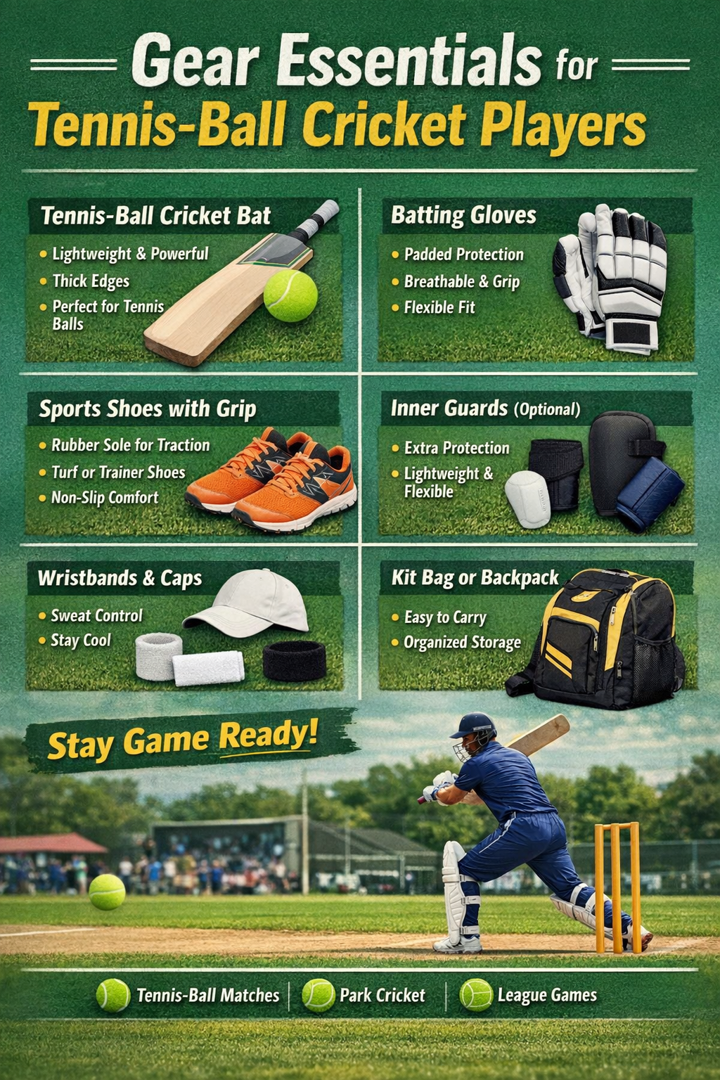 Gear essentials for tennis-ball cricket players