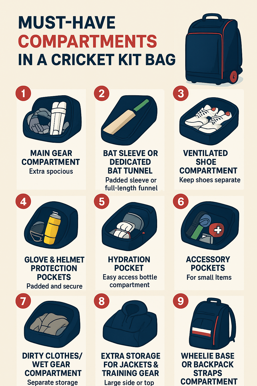 Must-have compartments in a cricket kit bag