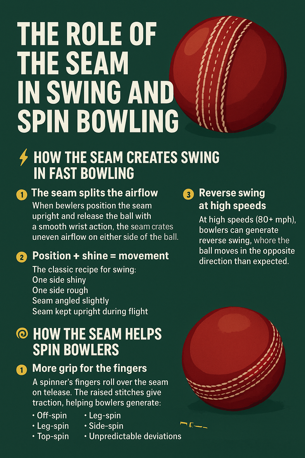 The role of seam in swing and spin bowling